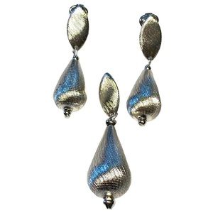 Vintage 1970s Silver Goddess signed Sara Coventry Pendant and Clip earring set